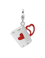 Sterling Silver 3 D Enameled Coffee Cup with Heart with Lobster Clasp Charm