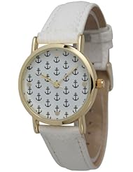 Womens Geneva Multi Anchor Design Gold Trim Leather Watch - White/Black