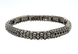 Bracelet - B139 - Antique Silver Tone Metal & Crystal Stones - Stretch ~ Jet Black