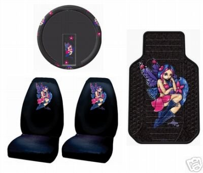 Jasmine Becket Fairy Pixie 5pc Combo Front Car Floor Mats Seat Covers Steering Wheel Cover Plus Free Rear Mats