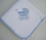 100% Cotton Shawl/Blanket With Applique Pram in Blue. Baby Gift.