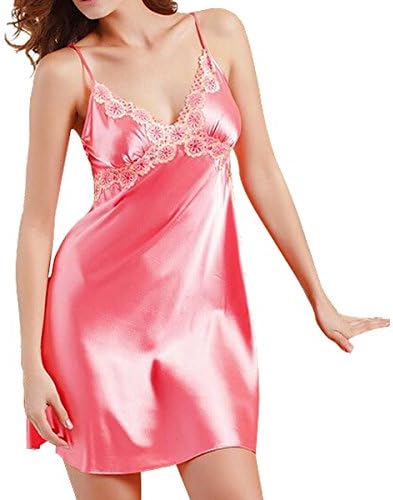 HevenJx Ladies' Rayon Silk Low Neck Sleepwear Sexy Stripe Nightdress A37 (M, Pink)