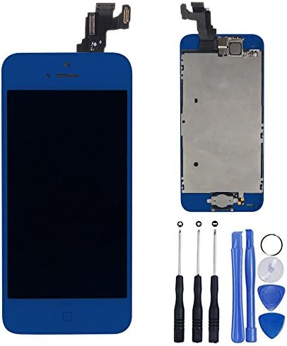 HAHO LCD Display Touch Screen Glass Digitizer Assembly With Spare Parts (Home Button &amp; Camera &amp; Flex Cable Sensor) + Tool Kit for iPhone 5C (Dark Blue)