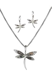 Green Abalone Dragonfly with Filigree Pattern in a Silver-tone Popcorn Chain & Earrings