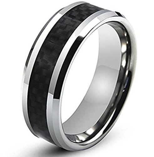 Zealmer Men's Carbon Fiber Silver White Beveled Edge Titanium Ring Comfort Fit Promise Wedding Bands