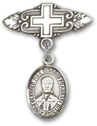 Sterling Silver Baby Badge with Blessed Pier Giorgio Frassati Charm and Badge Pin with Cross