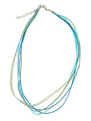 Necklace Cord For Pendants - D22 - 5-Strand Organza and Cord Mixed ~ 17" + 2" Extension Chain ~ Silver Plated Ends ~ Caribbean Colors (Turquoise Blue and Olive Green)