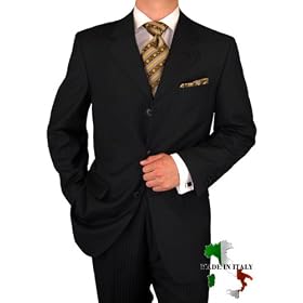 Gino Valentino Made in Italy Mens Suit 3 Button 2pc Canvas Front Jacket Italian Suit Australian Merino Wool / Silk 150s Black with Stripe