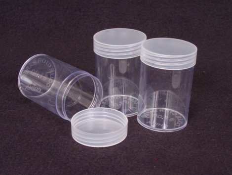COIN STORAGE TUBES, round clear plastic w/ screw on tops for HALF DOLLARS (Quantity of 10 tubes)