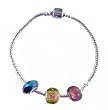 "Pandora" Style Starter Bracelet (B70) + 3 Beads - 9" (23 cms) - Silver Tone Metal ~ Purple, Yellow and Vitral