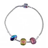 "Pandora" Style Starter Bracelet (B70) + 3 Beads - 9" (23 cms) - Silver Tone Metal ~ Purple, Yellow and Vitral