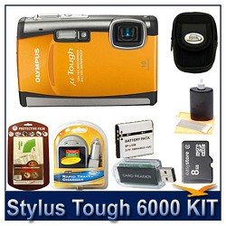 Olympus Stylus Tough-6000 Waterproof Digital Camera (Orange), 10 MP, 3.6x Optical Zoom, 2.7 LCD, Freezeproof, Shockproof, 8 GB Memory Card, Card Reader, Battery, Battery Charger, Screen Protectors, 3pc. Lens Cleaning Kit, And Deluxe Carrying Case