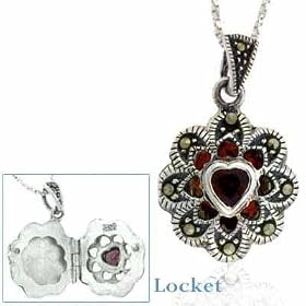 Sterling Silver Marcasite Flower Locket with a Genuine Garnet Heart by SilverSpeck.com