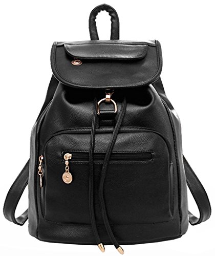 Coofit Women s Leather Backpack Drawstring Shoulder Bag Daypack for Girls (494 Black)