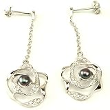 Pearl Earrings Flower CZ Diamonds Dangling Sterling Silver By Bucasi