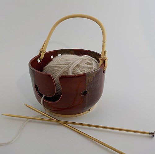 Ceramic Yarn Bowl, Stoneware Yarn Caddy, Skein Holder, Natural Cane Handle, Knitter Accessory, Brick Red with Jasper Streaks