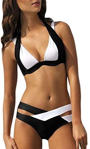 Wind Hut Women Cross Double Colored Padded Push Up Halter Bikini Bra Set Swimsuit (S:US 0-2, White)