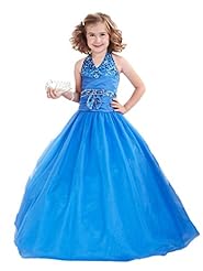 Girls Halter Floor Length Organza Crystals  Crystal Sequined Lace  Flower-Girl Dress/Pageant Dress  With a Bow(s) and a Ribbon  and Rhinestones and a Sash 