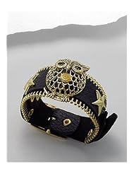 Black Owl Leather Bracelet In Brass