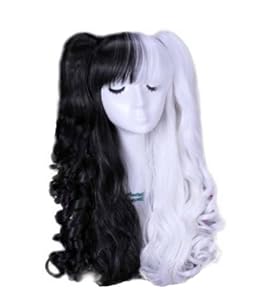 Cool2day Cosplay Lolita Long Curly Basic Hair Clip on Ponytails 16 Color Costume Full Wigs+Free Wig Cap(Model:JF011434) (Black White)