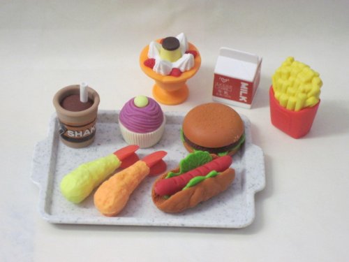 Iwako Japanese Eraser Tempura Lunch with Hot Dog, Hamburger, French Fries, Pudding (Parfait Cup Color May Vary), Milk, Cup Cake, Milk,... on Tray (Included).