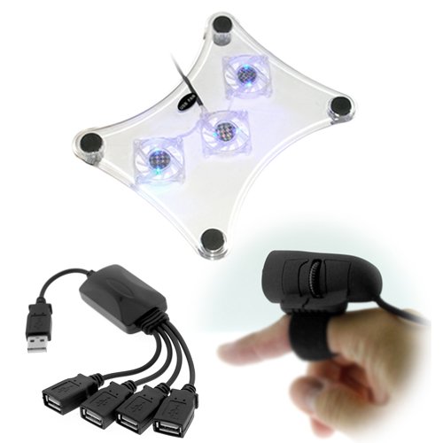 GTMax USB Notebook Cooler/Cooling Pad w/3 Fan/6 Blue LED Supports up to 15.4" + USB 2.0 4-Port Hub Octopus with AC Power Adapter + Finger Mouse Optical Laptop Notebook PC 1200DPI