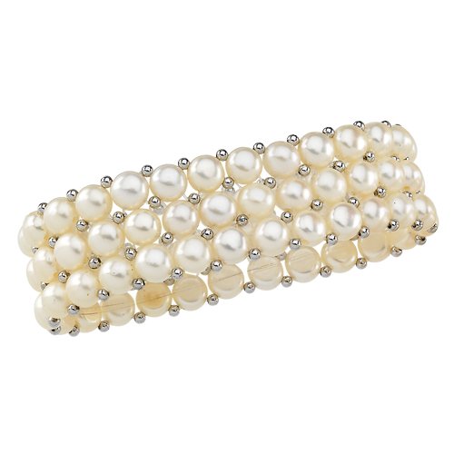 Sterling Silver Three Row Cultured Fresh Water White Button Pearl Bracelet