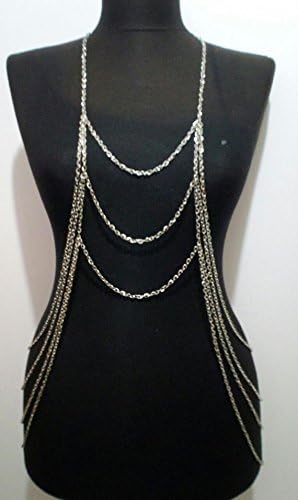 GDSHOP Long Silver Gold Fringe Bib Multi Layer Necklace Body Chain Bikini Harness Slave Full Body Jewelry