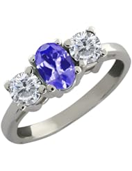 0.95 Ct Oval Blue Tanzanite and White Diamond 18k White Gold Ring