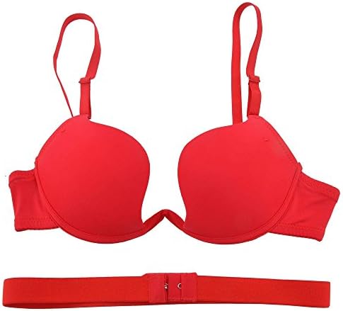 Desiraa Women Push Up Bra Deep U Low Cut And Convertible Backless Invisible Bra 38B Red