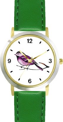 Chickadee Bird Animal WATCHBUDDY DELUXE TWO TONE THEME WATCH Arabic Numbers Green Leather Strap Size Children's Size Small