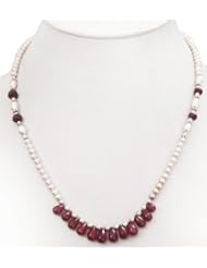 Fashionable Single Strand Natural Beautiful Pearl & Cabochon Ruby Drops Beaded Necklace
