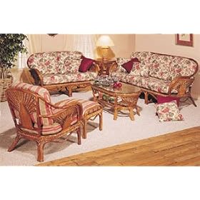 Fan Wicker Living Set - 6 Piece-Whitewash With B57 Cushion by DF Wicker Rattan