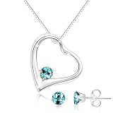 Sterling Silver Aquamarine CZ Heart Pendant and Stud Earrings Set