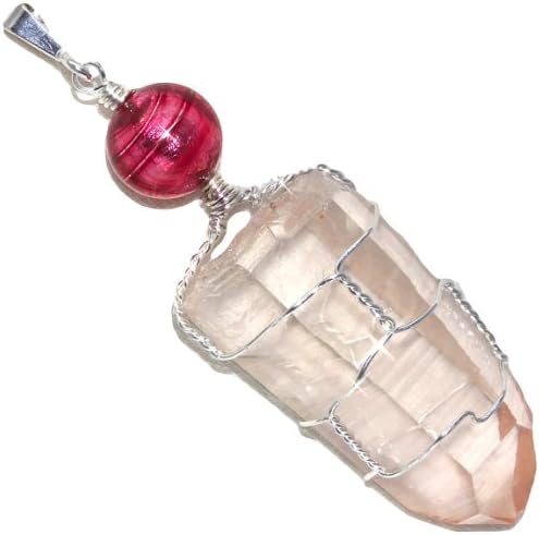 Pink Lemurian Quartz Crystal Wire Wrapped Pendant in Sterling with Venetian Glass Foil Bead By Puppylove