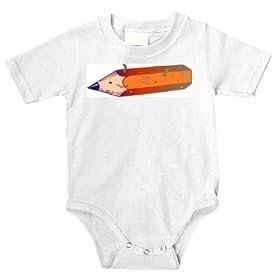 Onesie with pencil, lead, writing, worm, holes