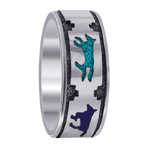 Men's 925 Sterling Silver Turquoise and Lapis Running Wolves Southwestern Style 7mm Band