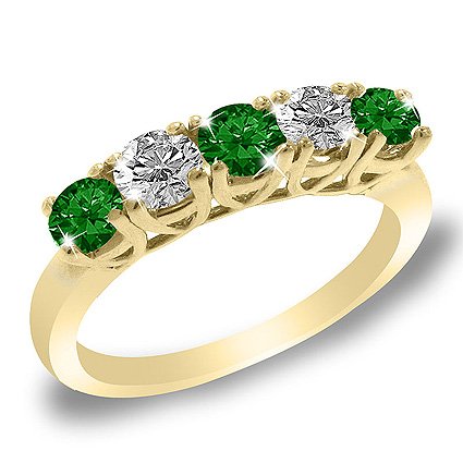 5 Stone Round Emerald & Diamond Classic Band in 14K Yellow Gold (1/2 ctw)