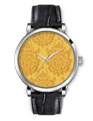 SPRAWL Aanalog Fashion Series Silver Ladies Watches of Genuine Black Leather Strap,Unique Wrist Watch for Women Girls Designed with Flor old coffee on yellow background