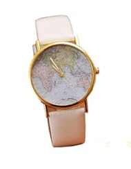 Leather Strap Map Design Quartz Watch Women Men Wristwatch-White