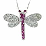 Genuine Ruby and Simulated Diamond CZ DragonFly Silver Slide Pendant