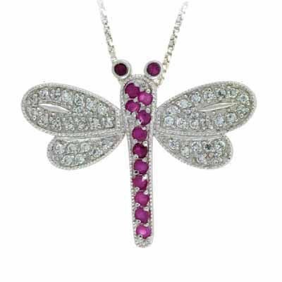 Genuine Ruby and Simulated Diamond CZ DragonFly Silver Slide Pendant
