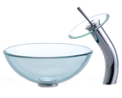 Kraus C-GV-101-14-12mm-10CH 14-Inch Clear Glass Vessel Sink and Waterfall Faucet, Chrome