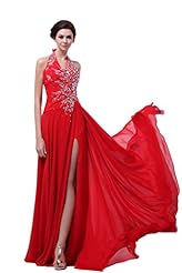 Beaded  Fitted Halter Chiffon Floor Length Prom Dress  With Rhinestones