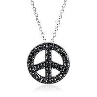 Sterling Silver Black Cubic Zirconia Peace-Sign Pendant, 18