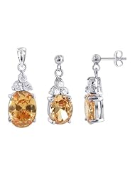 Sterling Silver Oval Shape Champagne & Round CZ Post Back Finding 8mm x 16mm Earring and 9mm x 17mm Pendant Jewelry Set