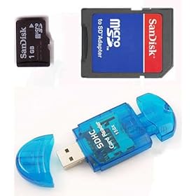 SanDisk 1GB MicroSD with SD Adapter and Blue USB SD Reader