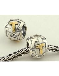 925 solid sterling silver initial letter alphabet T charm bead compatible with Pandora, Chamilia, Troll, Biagi bracelets jewelry jewellery