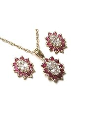 Peninsula Jewellery 9Ct Gold Ruby And Cubic Zirconia Oval Cluster Pendant With Chain And Earrings