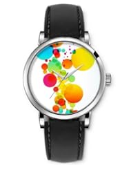 SPRAWL Aanalog Fashion Series Silver Ladies Watches of Genuine Black Leather Strap,Unique Wrist Watch for Women Girls Designed with Colored dots